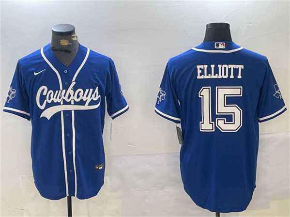 Men%27s Dallas Cowboys #15 Ezekiel Elliott Royal With Patch Cool Base Stitched Baseball Jersey